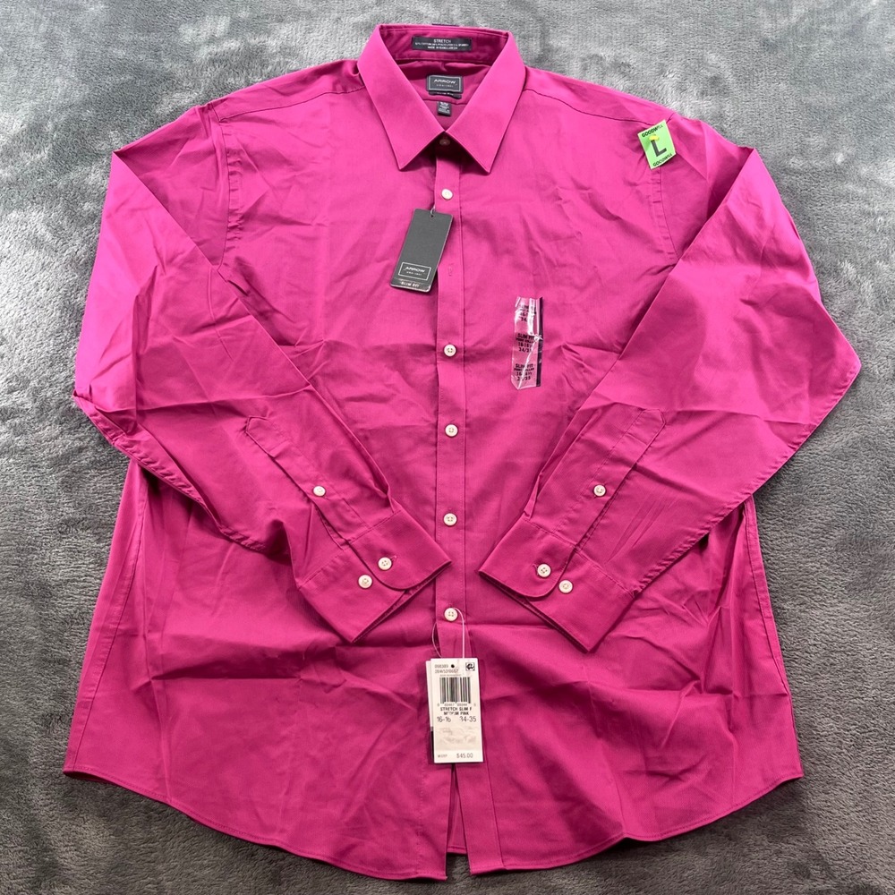 NWT Arrow USA 1851 Mens Stretch Slim Fit Dress Shirt Pink 16-16.5 34/35